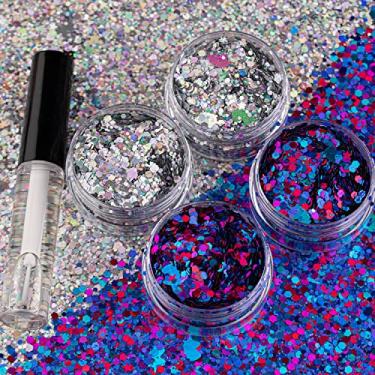 Imagem de 2 cores de glitter grosso holográfico com cola de secagem rápida pacote com 5, 4 potes no total 40 g multiformas para maquiagem de cabelo, rosto e olhos, arte de unhas e deslumbrante em festas/shows/eventos glitter