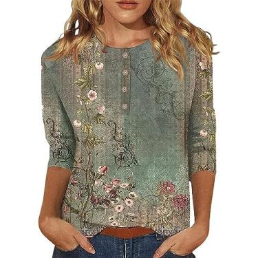 Imagem de Camisetas femininas de manga 3/4 de comprimento na moda 2024 gola redonda blusas casuais soltas com estampa de flores, Ofertas relâmpago verde, XXG