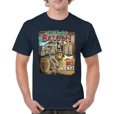 Imagem de Camiseta masculina Hot Headed Saloon But its a Dry Heat Funny Skeleton Biker Beer Drinking Cowboy Skull Southwest, Azul marinho, G