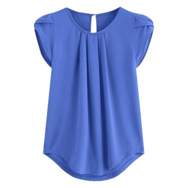 Imagem de Camisetas femininas de chiffon com gola canoa para outono verão pétala manga curta plissadas com buraco de fechadura 2024, L-571 Azul royal, 4G