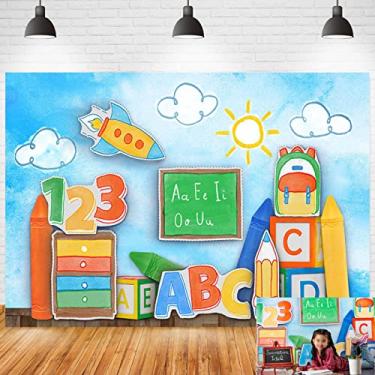 Imagem de Volta às aulas ABC fotografia fundo globo lápis livro crianças aniversário retrato decoração pano de fundo giz de cera sol nuvens fundo azul jardim de infância atividade quarto infantil decoração de