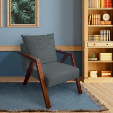 Imagem de Poltrona Monalisa Decorativa Mona Pés De Madeira Maciça Linho Cinza Escuro