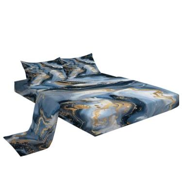Imagem de Eojctoy Jogo de cama casal de microfibra super macia com estampa de mármore dourado azul, 4 peças, 1 lençol com elástico, 1 jogo de lençol com elástico e 2 fronhas, 40 cm de profundidade para quarto