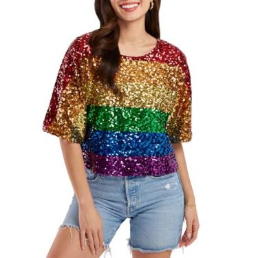 Imagem de Tipsy Elves Camiseta cropped brilhante e confortável - ideal para capa de academia, camisetas cortadas divertidas para mulheres, Lantejoulas com glitter gay multicolorido, PP