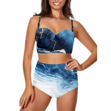 Imagem de GETELINSENG Biquíni feminino de duas peças com controle de barriga, Mármore branco dourado azul, G