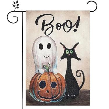 Imagem de RTKHFZE Bandeira de jardim fantasma de Halloween, 30,5 x 45,7 cm, serapilheira dupla face, pequena, bem-vinda, Halloween, boo, abóbora, quintal, casa, bandeiras, sazonal, feriado, exterior, decoração