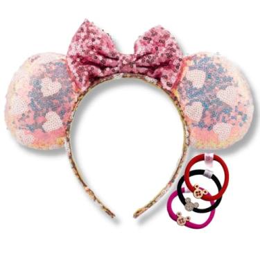 Imagem de Tiara Minnie Orelha KIT Arquinho Arco Diadema Orelhinha Coroa Brilhante + 1 Elastico de Cabelo (Rosa Coracao)