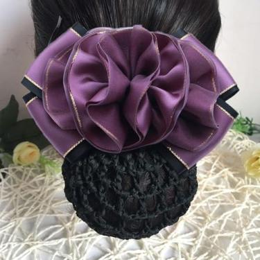 Imagem de Clipe de cabelo feminino roxo, clipe de mola floral, presilha de laço para mulheres, capa de coque, acessórios de cabelo para aeromoça/bancos/hotéis/enfermeira/propriedade