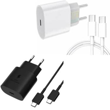 Imagem de Kit 2 Carregadores Turbo Premium 25W + 2 Cabos Tipo-C para Tipo-C (1M). Tecnologia Power Delivery (PD). Compatível com Samsung, Motorola e LG Premium. Cores: Preto e Branco.