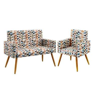 Imagem de Kit Poltrona Namoradeira e Poltrona Vega Sued Estampado Laranja Aradec