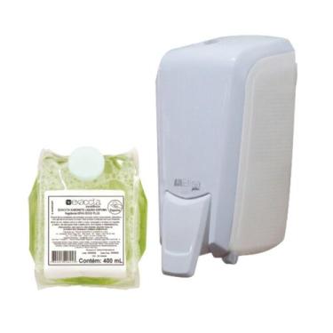 Imagem de Kit Dispenser Saboneteira Mini Espuma Branco/Cristal + Sabonete Liquid