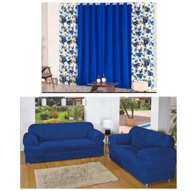 Imagem de Cortina Rústica 03 Metros Estampada + Kit Capa Sofá 2/3 Lugares Azul -