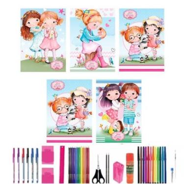 Imagem de Kit 5 Cadernos Girls 96 Folhas Brochurão Capa Dura+ 40 Itens - Maxima 