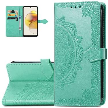Imagem de Monwutong Capa carteira de telefone para Motorola Moto G73, capa de couro PU em relevo mandala à prova de choque com fecho magnético e slots de cartão de dinheiro coldre para Moto G73, MTL verde