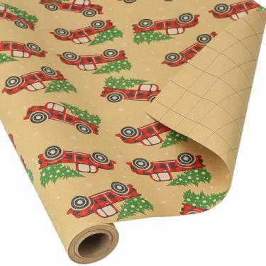 Imagem de CAMKUZON Rolo de papel de embrulho de Natal Kraft com recortes no verso - Design de caminhão xadrez vermelho e preto vintage - Papel de embrulho de presente de Natal, 43 cm