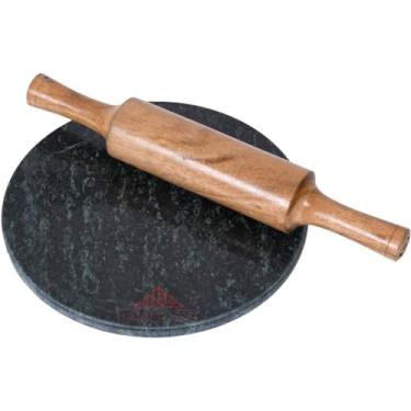 Imagem de IBLAY Chakla de mármore verde com belan de madeira/rolo de massa/Roti Maker/Chakla Belan/Chapati Maker para cozinha | Máquina de roti de mármore com acabamento completo (25,4 cm)