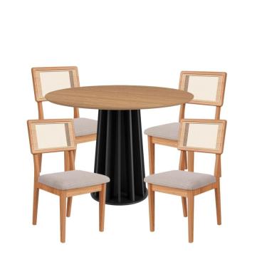 Imagem de Kit Mesa de Jantar Redonda com Detalhe Ripado MDF com 4 Cadeiras Estofadas Encosto em Tela Bege Dalla Costa