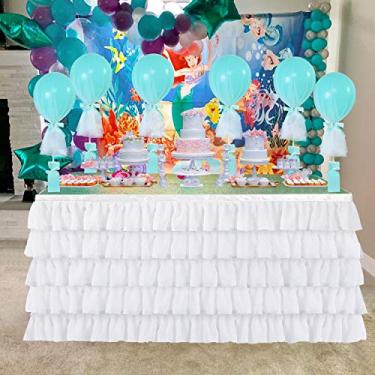 Imagem de Saia de mesa de tule sereia para mesa retangular ou redonda tutu chiffon toalha de mesa para aniversário, chá de bebê, casamento, decoração de festa (branco, G 1,8 m, A 76,2 cm)