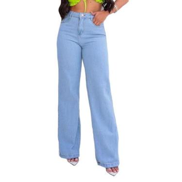 Imagem de Calça Jeans Azul Bebê Cintura Alta Perna Larguinha - Explosão da Moda,