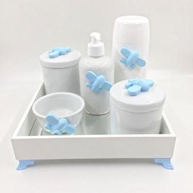 Imagem de Kit Higiene Bebê Porcelana Avião Azul Bandeja Mdf Garrafa 6pçs - TG De