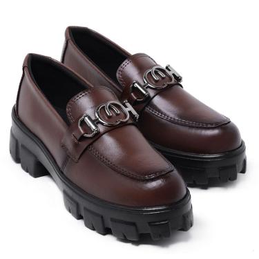 Imagem de Mocassim Feminino Marrom Couro Confort Sola Tratorada Moderno