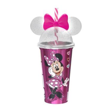 Imagem de Copo com Canudo e Orelha Minnie Rosa Holográfica 500ml - Plasutil