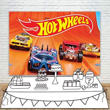 Imagem de Hot Wheels Pano de fundo de mesa para festa de aniversário, 2,1 x 1,5 m, tema de carro Wild Hot Racer, fundo de aniversário para meninos, festa de 1º aniversário, decoração de sobremesa