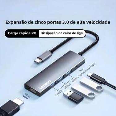 Imagem de Hub USB-C 5 em 1 Lenovo - 4K HDMI, 100W PD, 3x USB-A - Macbook Pro/Air