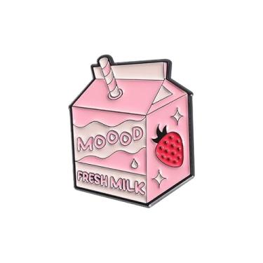 Imagem de Broche de caixa de leite de morango rosa doce fofo ''MOOOO FRESH MILK'' palavras doces desenho animado suco bebidas esmalte broche amantes de alimentos alfinetes de lapela broches novidade jaquetas