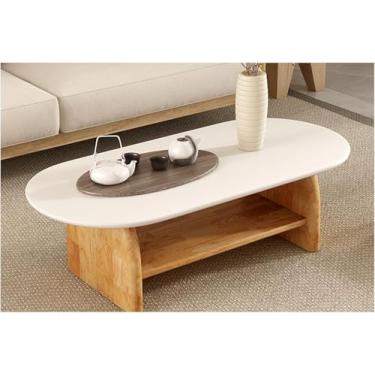 Imagem de Mesa de centro grande de camada dupla de 140 cm, com função de armazenamento, mesa lateral de madeira maciça para sala de estar, mesa de centro branca com superfície impermeável, pernas estáveis e kit
