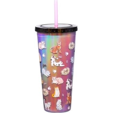 Imagem de Spoontiques - Copo de alumínio acrílico com canudo – 20 – Tampa de bloqueio metálica com canudo – isolamento de parede dupla – livre de BPA – Copo de alumínio Cat Doodles, 590 ml