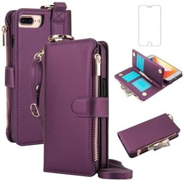Imagem de Asuwish Capa de telefone para iPhone 7plus 8plus 7/8 Plus carteira com zíper com protetor de tela, alça transversal, suporte para cartão, capa flip para celular i Phone7s 7s + 7+ 8s 8+ Phones8 7p 8p
