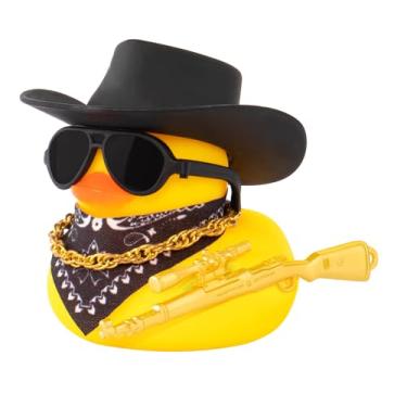 Imagem de wonuu Ornamento de pato de borracha preto legal para carro de pato decoração de painel de carro acessórios de carro adereço especial chapéu de cowboy decote, 98K