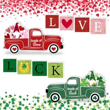 Imagem de 5 peças de decoração de dia dos namorados e placas de madeira reversíveis do dia de São Patrício, impressão dupla face, blocos de sorte e placa de caminhão para mesa, mesa, mesa, bandeja em camadas,