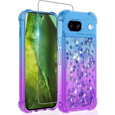 Imagem de Guzhthi Capa para Pixel 8A: Capa de telefone de canto à prova de choque de areia movediça líquida com glitter transparente para Google Pixel 8A com protetor de tela de vidro temperado - azul roxo