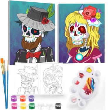 Imagem de 2 peças de kit de pintura e sip para adultos, tela pré-desenhada para pintar para flor, borboleta, encontro noturno, para casais, kits de pintura acrílica, faça você mesmo, 8 × 10 (casal de caveiras)