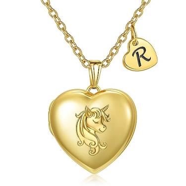 Imagem de YOUFENG Colar com medalhão de unicórnio com letra de coração, medalhão com inicial que guarda imagens banhado a ouro 18 K, presentes de aniversário, Aço inoxidável, Zircão