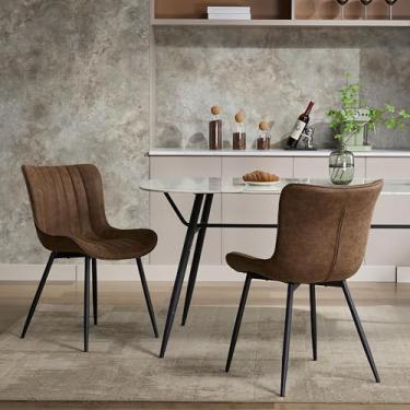 Imagem de GarveeHome Conjunto de 2 cadeiras de jantar estofadas, cadeiras de cozinha de couro com pernas de metal, cadeiras de sala de jantar modernas de meados do século com encosto confortável