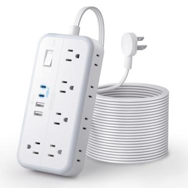 Imagem de NTONPOWER Flat Extension Cord 25 FT, Surge Protector Power Strip, 10 Widely Spaced Outlets with 4 USB Ports (2 USB C), 3 Side, Overload Protection, 2700J, Wall Mount, White