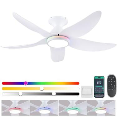 Imagem de Kviflon Ventiladores De Teto De 46" Com Luzes, Controle Remoto/App, Ventiladores De Teto De Baixo Perfil Com Cores Brancas Reguláveis + Luzes Rgb De Anel, 6 Velocidades, 5 Lâminas Curvas Reversíveis