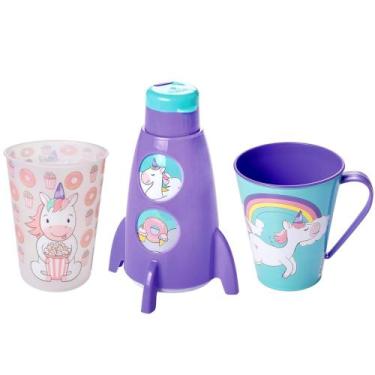 Imagem de Kit 3 em 1 de Unicórnio Caneca Garrafa Foguete e Copo Infantil Plasúti