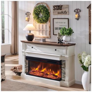 Imagem de Lareira Elétrica de Embutir A91x132L cm com Inserção de Vidro de 3 Lados e Armario de Armazenamento, 110V, OKD, Branca