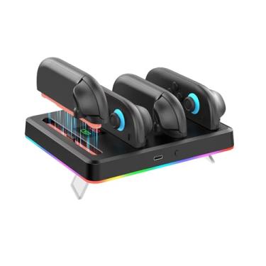 Imagem de NexiGo Base de carregamento melhorada compatível com Nintendo Switch 2, estação de carregamento para Joy-Pads com vários modos de luz RGB, alertas sonoros, indicadores de LED, suporte integrado