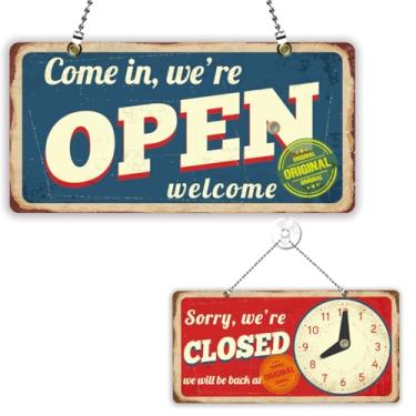 Imagem de PLIGREAT Placa aberta fechada para loja estilo carimbo vintage We Are Open Sinais dupla face horário comercial placa de madeira para loja de varejo bar padaria loja janela parede pendurado porta placa