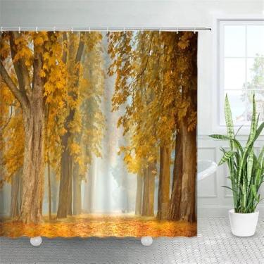 Imagem de Cortina de chuveiro com paisagem florestal, árvores de bordo, plantas de estrada, folhas caídas, cenário rural, decoração de banheiro, cortinas penduradas na parede, 5801AG, 90 x 180 cm, 35