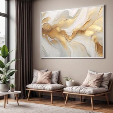 Imagem de Quadro com Moldura Sala Quarto 90x60 Abstrato Dourado Branco Mármore Decorativo Horizontal Grande Hall