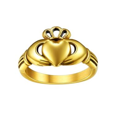 Imagem de FaithHeart Anéis Claddagh para o amor, aço inoxidável/18K banhado a ouro feminino masculino aliança de casamento personalizada, Aço Inoxidável, Zircônia cúbica