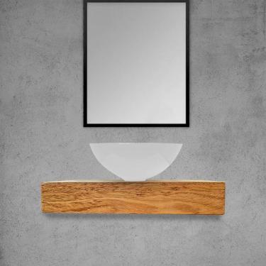 Imagem de Kit Bancada Madeira Maciça Banheiro Lavabo Com Cuba Branca Estilo Industrial 90 Cm X 40 Cm Marrom
