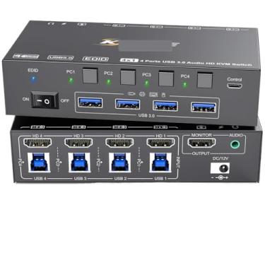 Imagem de YXX7XY KVM Switch 4 computadores 8K @60Hz 4K @144Hz simulação USB3.0 Switcher para 4 computadores, compartilhar 1 monitor e compartilhar teclado mouse (plugue EUA)