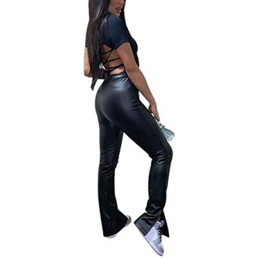 Imagem de Calças Femininas, Calças Longas Finas de Ajuste Feminino Cintura Alta Elegante Fenda Bainha Imitação de Couro Confortável para Sair à Noite (M)